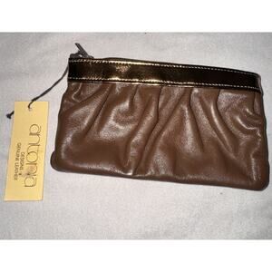 Vintage Antonia Designs Clutch Make Up Bag Genuine Leather Brown NIB